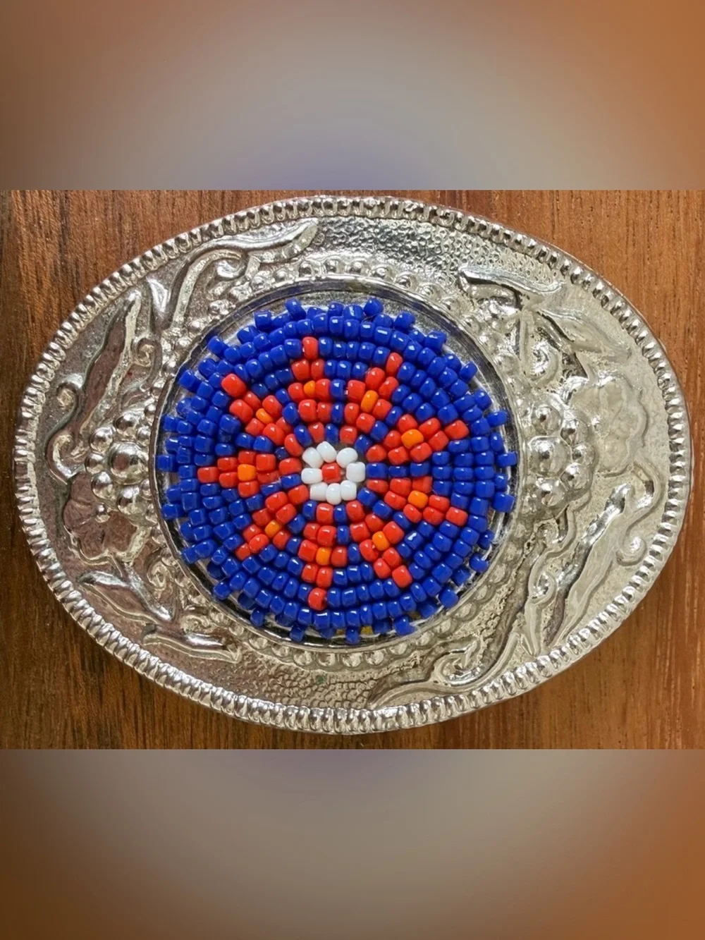 Vintage Silver Belt Buckle with Blue and Red Bead Design Native American Seed